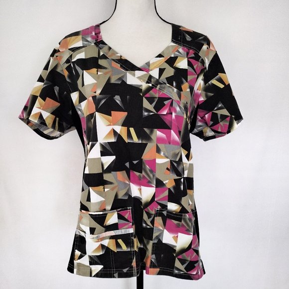 White Label Stretch Tops - White Label Stretch Multicolored Geometric Print Scrub Top With Pockets